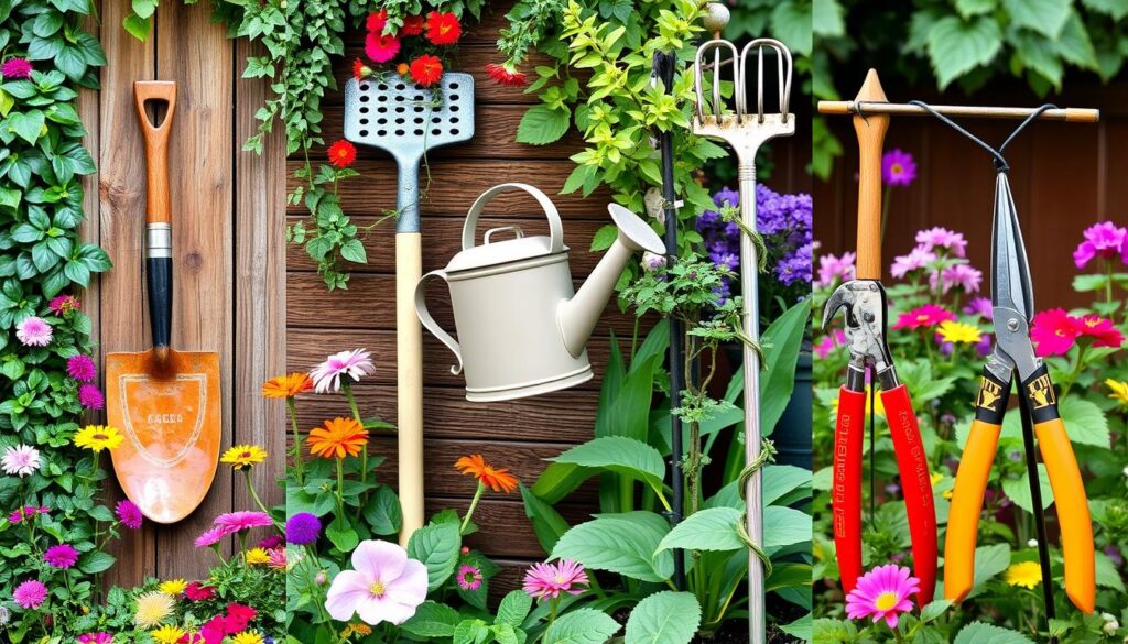 A vibrant garden scene showcasing innovative repurposing of common garden tools, featuring a shovel as a decorative wall art piece, a watering can transformed into a bird feeder, a rake used as a trellis for climbing plants, and pruners converted into unique plant markers, surrounded by colorful flowers and lush greenery.