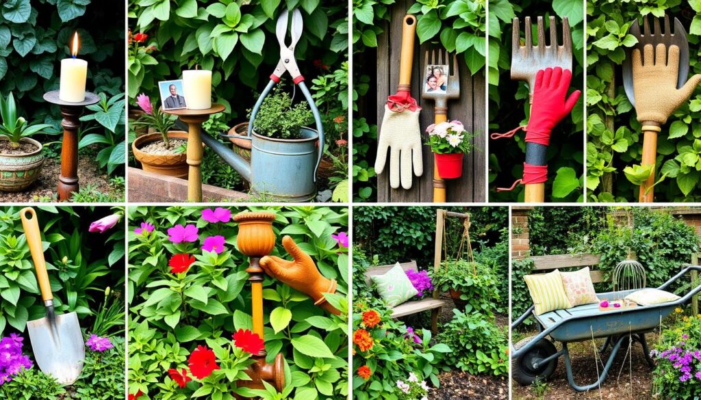 A vibrant garden scene showcasing various common garden tools creatively repurposed: a trowel used as a candle holder, pruners holding photos like a frame, a watering can as a planter filled with herbs, a rake as a unique wall hanger for garden accessories, a shovel transformed into a decorative mirror, hand gloves holding small flower pots, a wheelbarrow converted into a cozy seating area with cushions, and garden stakes supporting an outdoor art installation. Lush green foliage and colorful flowers surround the tools, emphasizing their hidden uses in an enchanting way.