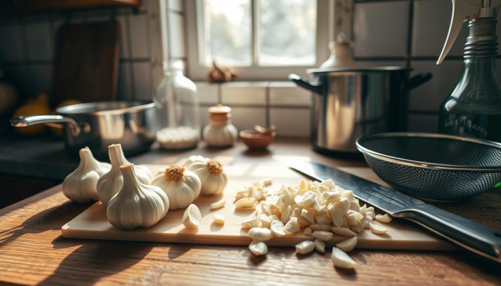 A rustic kitchen countertop with fresh garlic bulbs, a cutting board, a knife, a small pot of water, and a strainer. The garlic is being chopped into small pieces, and there’s a vintage spray bottle nearby. Sunlight streams through the window, illuminating the ingredients and creating a warm, inviting atmosphere.