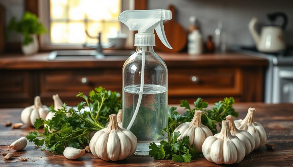 A rustic kitchen countertop adorned with a clear spray bottle filled with homemade garlic spray, surrounded by fresh garlic bulbs, sprigs of parsley, and natural pest-repelling herbs. Soft, ambient lighting highlights the textures of the ingredients, creating an inviting and organic atmosphere.