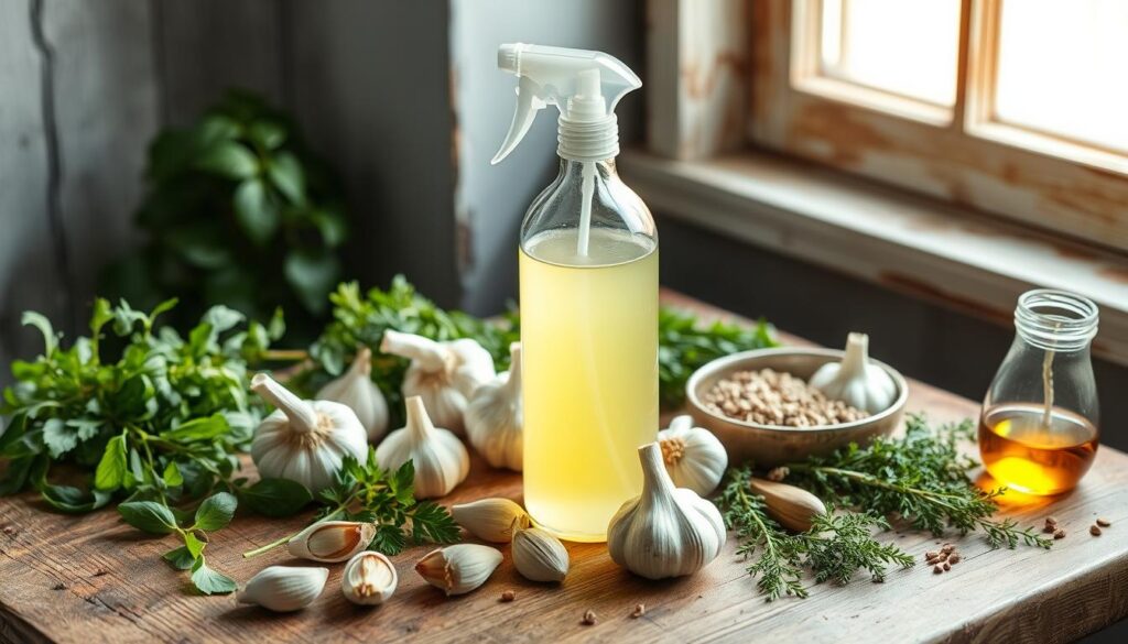 A rustic wooden table adorned with a glass spray bottle filled with pale yellow organic garlic spray, surrounded by fresh garlic cloves, green herbs, and natural pest repellent ingredients. Soft sunlight streaming through a nearby window highlights the vibrant colors of the herbs and creates a warm, inviting atmosphere.