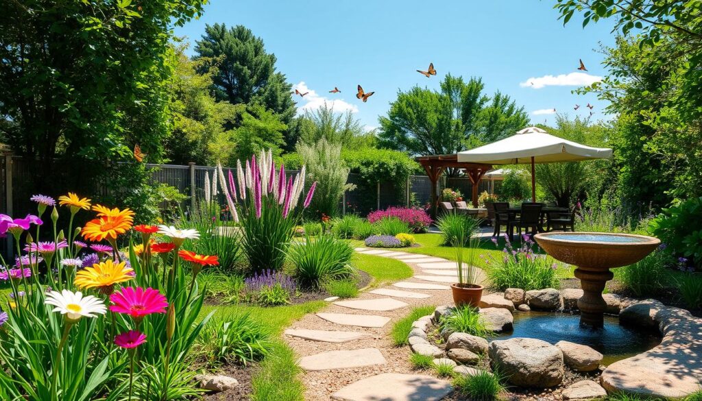 A tranquil sensory garden featuring vibrant flowers, soft grasses, a small winding path, aromatic herbs, gentle water features like a bubbling fountain, textured stones, colorful butterflies fluttering around, and shaded seating areas surrounded by lush greenery under a bright blue sky.