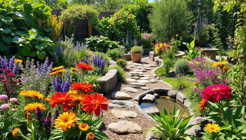 A vibrant sensory garden filled with diverse plants, colorful flowers, textured leaves, and fragrant herbs, featuring a winding pathway that invites exploration, a tranquil water feature reflecting sunlight, areas for tactile experiences with stones and sand, soothing seating spaces surrounded by greenery, and wildlife such as butterflies and bees enhancing the serene atmosphere.