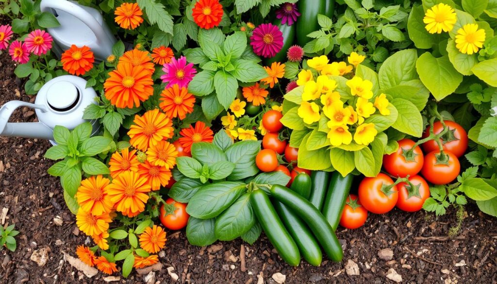 A vibrant garden scene featuring a variety of companion plants coexisting harmoniously, showcasing colorful flowers and lush vegetables, with elements like marigolds, basil, tomatoes, and cucumbers intertwined, surrounded by healthy soil and a watering can, evoking a sense of abundance and productivity.