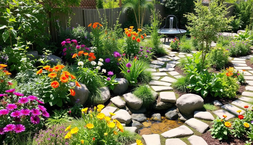 A tranquil sensory garden filled with vibrant flowers, lush greenery, and textured pathways, featuring soothing water elements like a small pond or fountain, fragrant herbs, varied plants for tactile exploration, and cozy seating areas surrounded by nature, all bathed in soft sunlight.