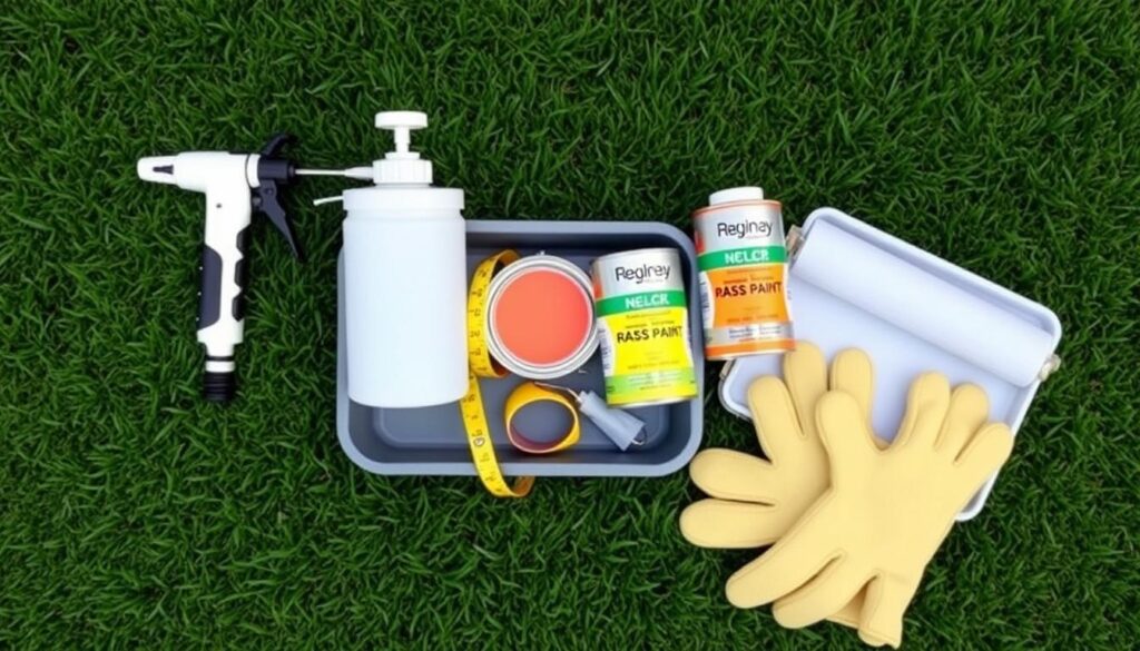 A neatly arranged collection of essential tools for DIY lawn painting, including a paint sprayer, a roller, a painter's tray, a measuring tape, cans of grass-safe paint in bright colors, and a sturdy pair of gloves, all set against a vibrant green lawn background.