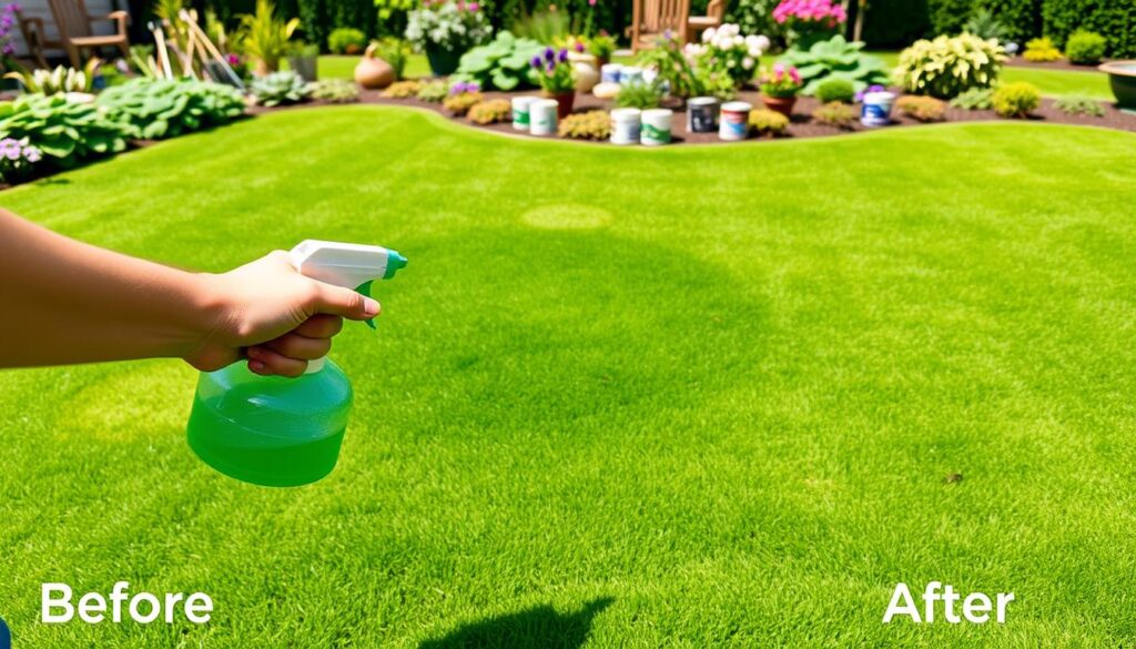 A vibrant green lawn with several dull patches, a person using a spray bottle filled with green lawn paint, surrounded by gardening tools, paint cans, and a beautiful garden setting in the background, showcasing before and after effects of lawn painting, bright and sunny day.