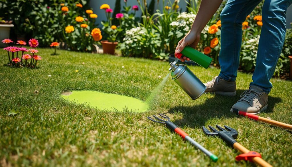 A vibrant garden scene showing a homeowner using a spray can to paint an uneven lawn, surrounded by lush greenery, bright flowers, and garden tools scattered nearby; the focus on the vivid green paint being applied to the dull patches of grass, capturing the essence of DIY lawn care in a sunny outdoor setting.