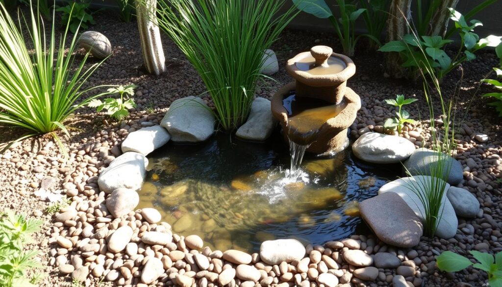 A serene backyard scene featuring a small DIY pond surrounded by native plants, colorful pebbles, and a rustic fountain made from repurposed materials, complemented by gentle water flow and natural lighting reflecting off the water surface.