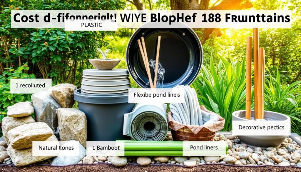 A collection of cost-effective materials for DIY ponds and fountains, featuring natural stones, recycled plastic containers, flexible pond liners, bamboo poles, and decorative pebbles, arranged aesthetically in a garden setting, with lush greenery and sunlight filtering through the trees.