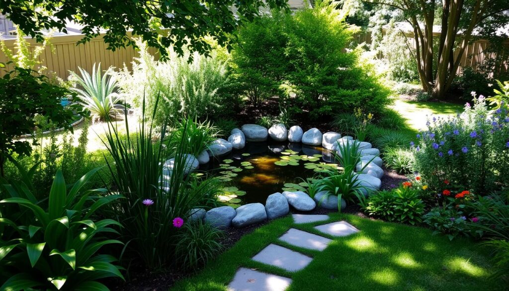 A serene backyard setting featuring a lush, green garden with a small, tranquil pond surrounded by native plants and colorful flowers, sunlight filtering through trees casting gentle shadows, an inviting pathway leading to the pond, creating a peaceful and harmonious atmosphere.