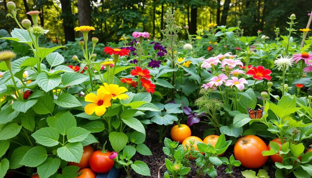 A vibrant garden scene showcasing diverse plants growing together harmoniously, with lush green leaves, colorful flowers, and healthy vegetables. Include elements of beneficial insects like ladybugs and butterflies, and a backdrop of sunlight filtering through trees, symbolizing growth and synergy in companion planting.