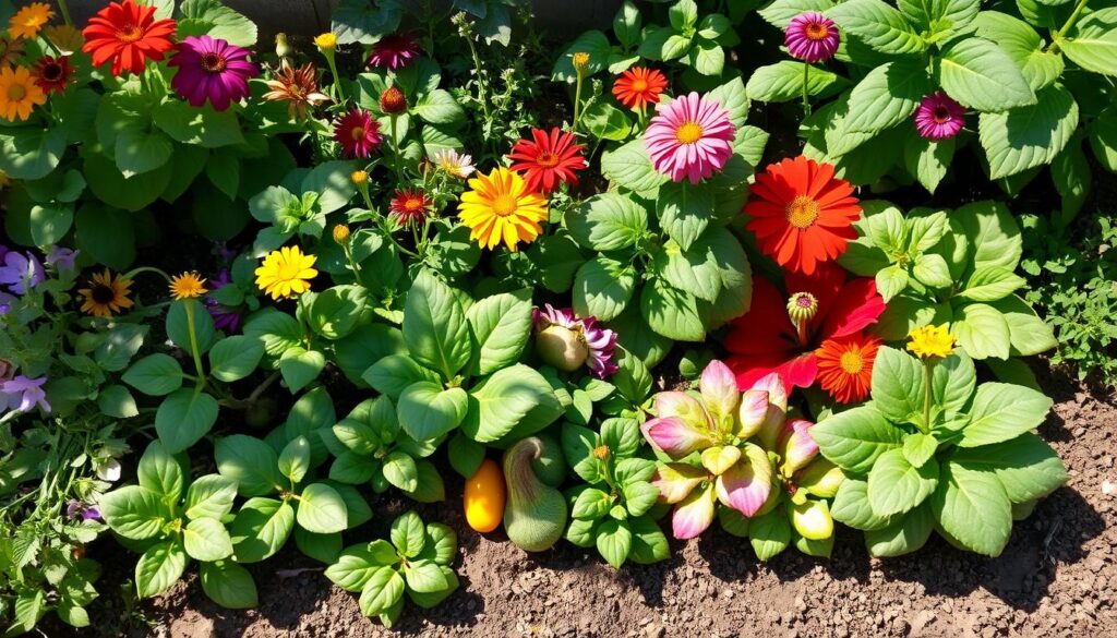 A vibrant garden scene showcasing various plants that are commonly paired for companion planting, with some plants thriving together and others appearing stunted or unhealthy. Include a mix of colorful flowers, vegetables, and herbs arranged in an organic layout, with subtle visual cues indicating the success or failure of each pairing, such as healthy foliage, wilted leaves, and contrasting colors. Natural sunlight filters through the leaves, casting playful shadows on the soil.