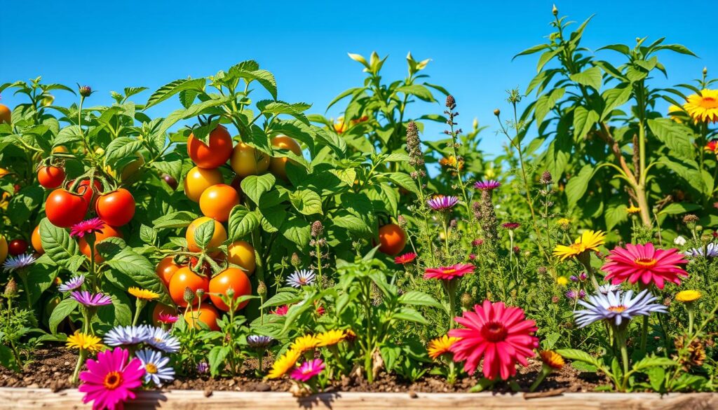 A vibrant garden scene showcasing a variety of companion plants thriving together, with lush green vegetables like tomatoes and peppers interspersed with aromatic herbs such as basil and oregano, surrounded by colorful flowers attracting beneficial insects, all set against a bright blue sky.