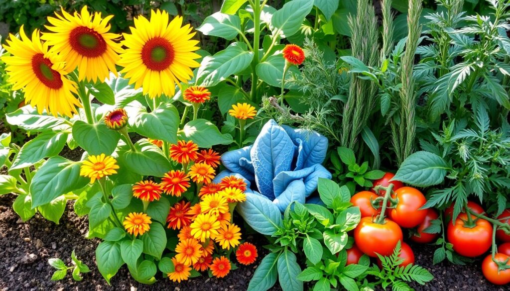 A vibrant garden scene showcasing effective companion planting combinations, featuring tall sunflowers towering over lush green basil, colorful marigolds interspersed with leafy greens like spinach and kale, and fragrant rosemary beside sturdy tomato plants, all in a harmonious layout with rich soil and morning sunlight filtering through the leaves.