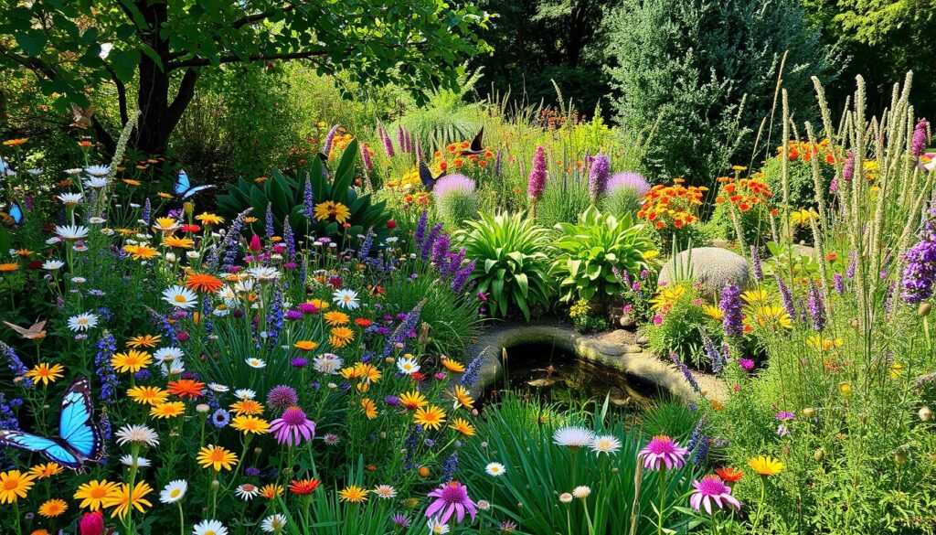 A lush and vibrant garden overtaken by wildflowers, native plants, and grasses; butterflies fluttering among colorful blossoms, a small pond reflecting the sky, and birds nesting in the trees, showcasing a harmonious blend of cultivated and natural elements, sunlight filtering through the leaves.