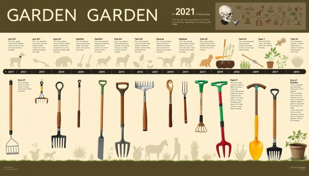 A detailed visual timeline showcasing various garden tools throughout history, starting with ancient farming implements like hand-held hoes and sickles, transitioning to medieval gardening tools such as wooden rakes and metal spades, and culminating in modern ergonomic gardening tools with vibrant designs, set against a backdrop illustrating the evolution of gardening practices across different cultures.