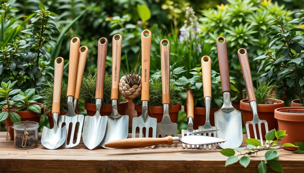 A collection of eco-friendly gardening tools arranged on a wooden workbench, featuring biodegradable plant-based materials, bamboo handles, and stainless steel components, surrounded by potted plants and a lush green garden backdrop, soft natural lighting highlighting the textures and colors of the tools.