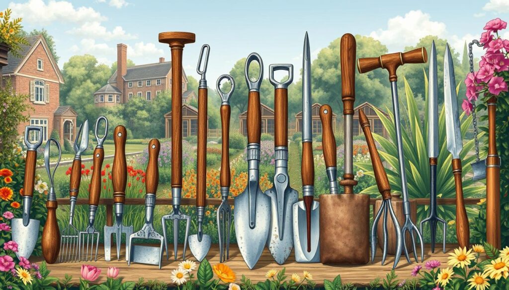 A detailed illustration of garden tools evolving from the Renaissance to the Industrial Revolution, showcasing various equipment like hand trowels, pruning shears, hoes, and mechanized tools, set against a backdrop of historical gardens transitioning through time. Highlight the craftsmanship of wooden handles and metal blades from different eras, surrounded by lush greenery and blooming flowers.