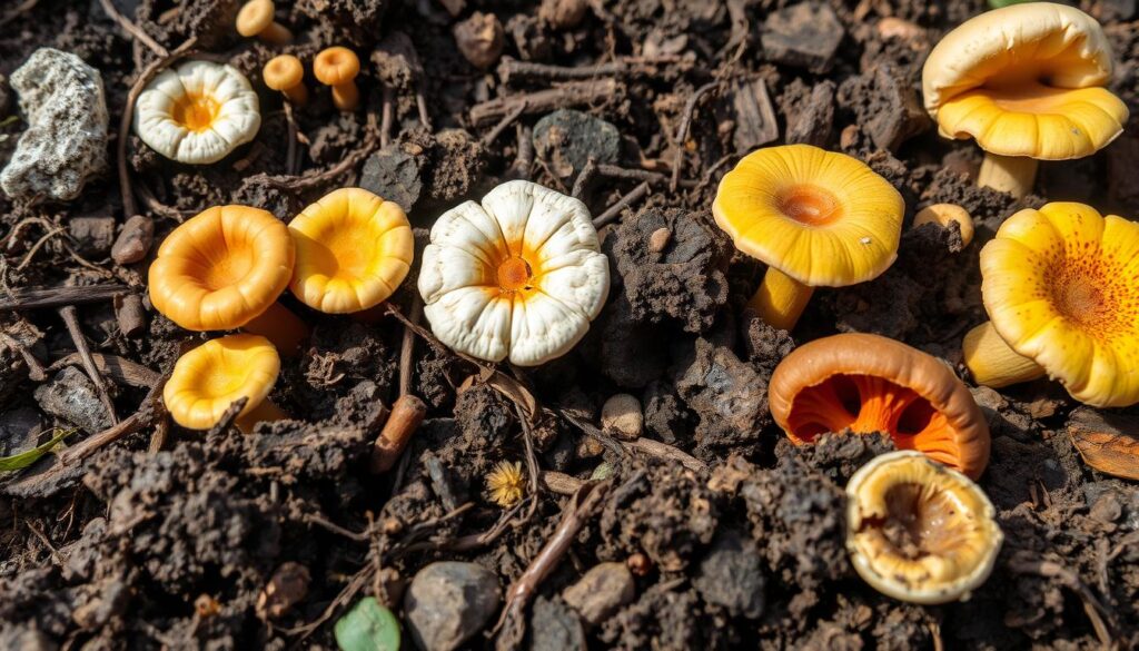 A vibrant garden soil close-up showcasing various types of fungi, with distinct colorations and textures. Include healthy mycorrhizal networks intertwined with roots, contrasting with harmful mold and rot, under a soft sunlight illuminating the scene. Display a variety of mushroom shapes and sizes, in a natural setting with rich earth tones.