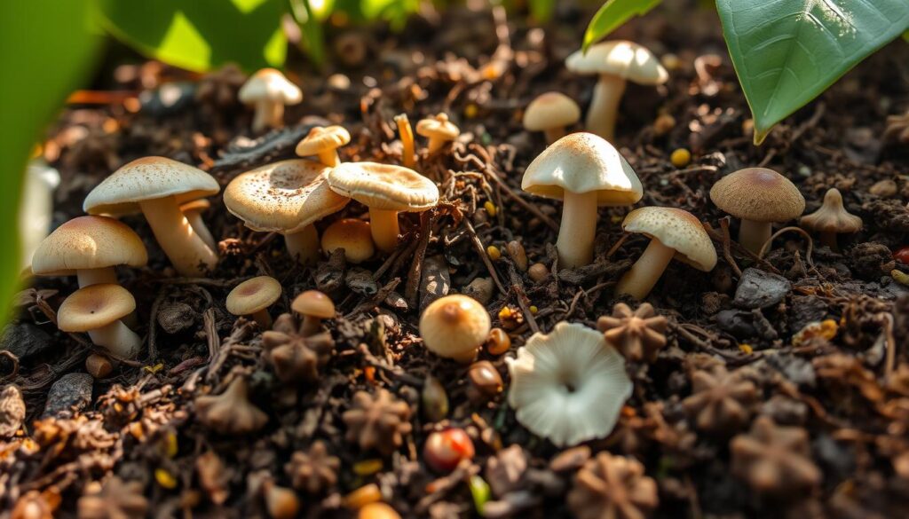 A vibrant close-up of rich garden soil teeming with diverse fungi, showcasing various types of mushrooms, mycelium networks, colorful spores, and organic matter, illuminated by soft sunlight filtering through leaves, highlighting textures and colors in a harmonious natural environment.