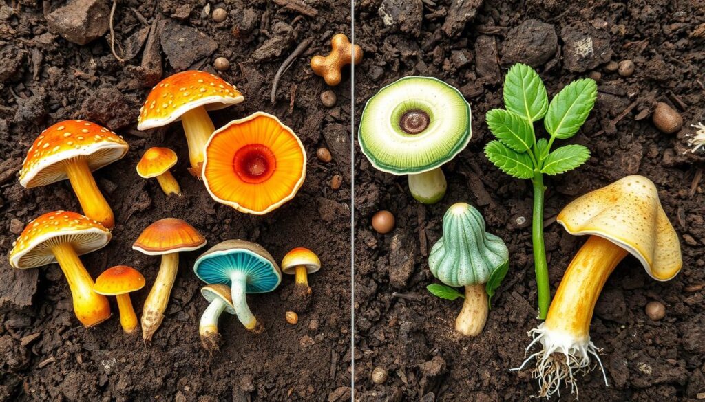 A detailed illustration showing various types of soil fungi, featuring healthy fungi with vibrant colors and beneficial structures, contrasted with unhealthy fungi displaying dull colors and harmful characteristics, set against a backdrop of garden soil, highlighting textures and organic matter, with visual indicators like glowing or healthy root systems next to wilted plants or discoloration, captured in a natural light setting.