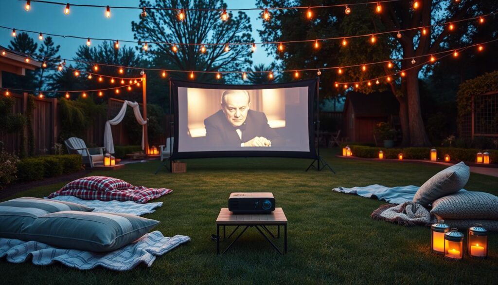 A cozy backyard scene at dusk, featuring a large outdoor screen displaying a classic movie, surrounded by comfortable blankets and pillows on the grass, string lights hanging above, and a portable projector set up on a small table. Include a peaceful garden ambiance with trees in the background and scattered lanterns creating a warm glow.