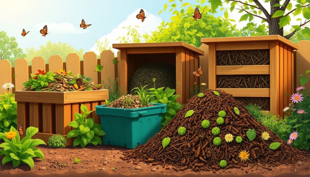 A visually appealing backyard scene showcasing a variety of composting techniques, including a traditional compost bin filled with organic materials like kitchen scraps, leaves, and grass clippings, a worm bin for vermicomposting, and a pile of compost in various stages of decomposition, surrounded by lush green plants and flowers, with a sunny sky and butterflies fluttering around.