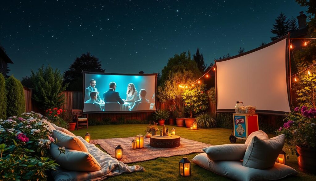 A cozy garden cinema setup under a starry night sky, featuring a large, white screen displaying a classic film, surrounded by comfortable seating made of blankets and cushions, soft ambient lighting from lanterns and fairy lights, lush greenery and blooming flowers, a small popcorn stand nearby with colorful decorations, all creating a warm and inviting atmosphere for outdoor movie nights.