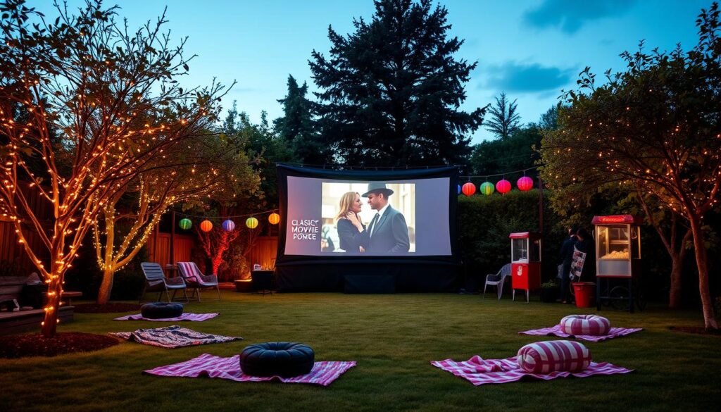 A cozy garden at dusk, featuring a large outdoor screen displaying a classic movie, surrounded by twinkling fairy lights on trees, blankets spread on the grass, colorful lanterns hanging in the background, and a popcorn machine nearby, creating a warm and inviting atmosphere.