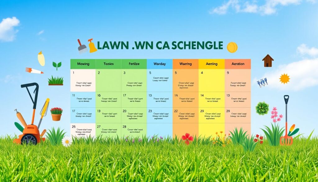 A visually organized lawn maintenance schedule, featuring a vibrant calendar layout with sections for seasonal tasks, including mowing, fertilizing, watering, and aeration. Incorporate illustrations of gardening tools, grass types, and seasonal plants around the calendar, set against a lush green lawn backdrop under a clear blue sky.