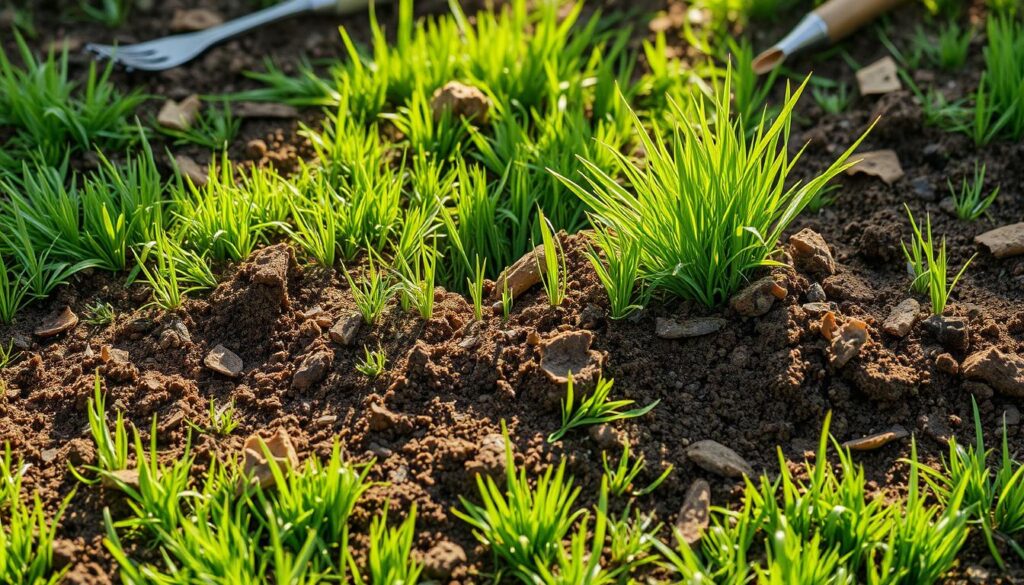 A vibrant and detailed transformation scene depicting a barren patch of soil evolving into a lush, green lawn. The image should capture the entire process, showcasing stages like soil preparation, seeding, sprouting grass, and the final flourishing lawn. Include elements like gardening tools, rich earthy tones, and diverse grass textures, all set in a natural outdoor environment with soft sunlight illuminating the scene.