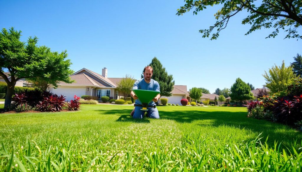 A peaceful suburban landscape showcasing a lush green lawn, with a gardener kneeling on bare soil, spreading grass seeds evenly with a handheld seed spreader. Surrounding the scene are rich, vibrant plants and trees, and a clear blue sky overhead, emphasizing the transformation from bare soil to thriving greenery.