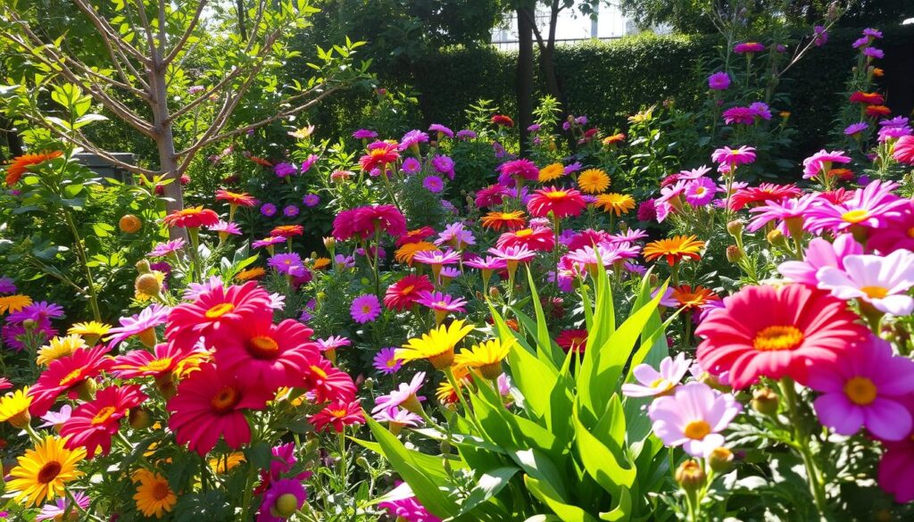 A vibrant garden filled with a harmonious blend of colorful flowers, lush green foliage, and soft sunlight filtering through the leaves, creating an inviting atmosphere that evokes a sense of tranquility and joy.