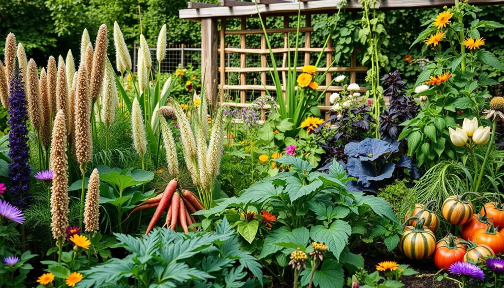 A vibrant modern garden showcasing a variety of forgotten crops, including ancient grains like quinoa and amaranth, heirloom vegetables such as purple carrots and striped tomatoes, surrounded by lush greenery and colorful flowers, with a rustic wooden trellis in the background, capturing the essence of sustainability and biodiversity.