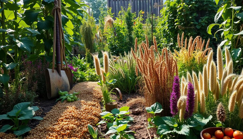 A vibrant garden filled with ancient crops, showcasing heirloom varieties of grains, legumes, and vegetables amidst a lush landscape, sunlight filtering through the leaves, a mix of traditional farming tools and modern gardening elements, rich colors and diverse textures, emphasizing the contrast between age-old plants and contemporary gardening practices.