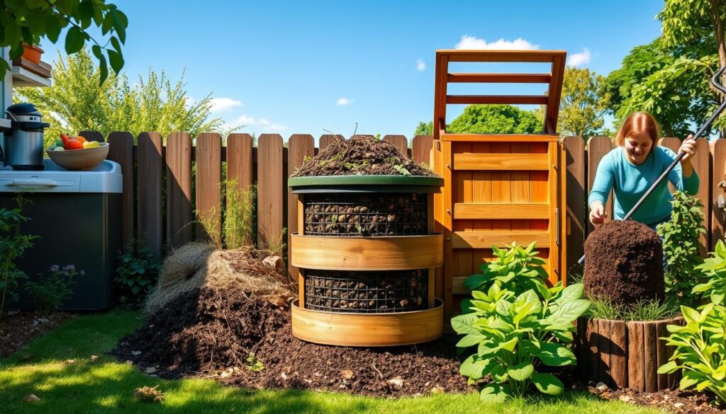 "A vibrant and inviting backyard scene showcasing five distinct composting steps: 1. A kitchen countertop with vegetable scraps in a bowl, 2. A layered compost pile with brown and green materials, 3. A compost bin with an open lid revealing rich soil, 4. A gardener turning the compost with a pitchfork, and 5. Lush plants thriving in the garden enriched by compost, all set against a sunny blue sky."