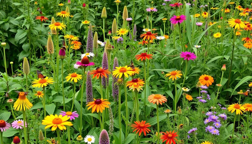 A vibrant garden filled with diverse heritage plants, showcasing ancient crops like amaranth, quinoa, and heirloom tomatoes, surrounded by a variety of pollinators such as bees and butterflies, lush green foliage, colorful flowers, and a serene atmosphere of biodiversity preservation.