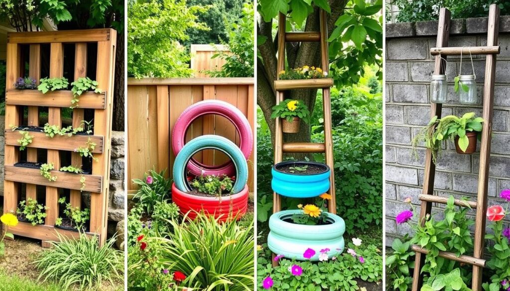 A vibrant garden scene showcasing various creative upcycling projects, including a wooden pallet transformed into a vertical planter, old tires painted and used as colorful flower beds, glass jars hanging from trees as lanterns, and a rustic ladder repurposed as a herb rack, with lush greenery and blooming flowers surrounding these unique installations.