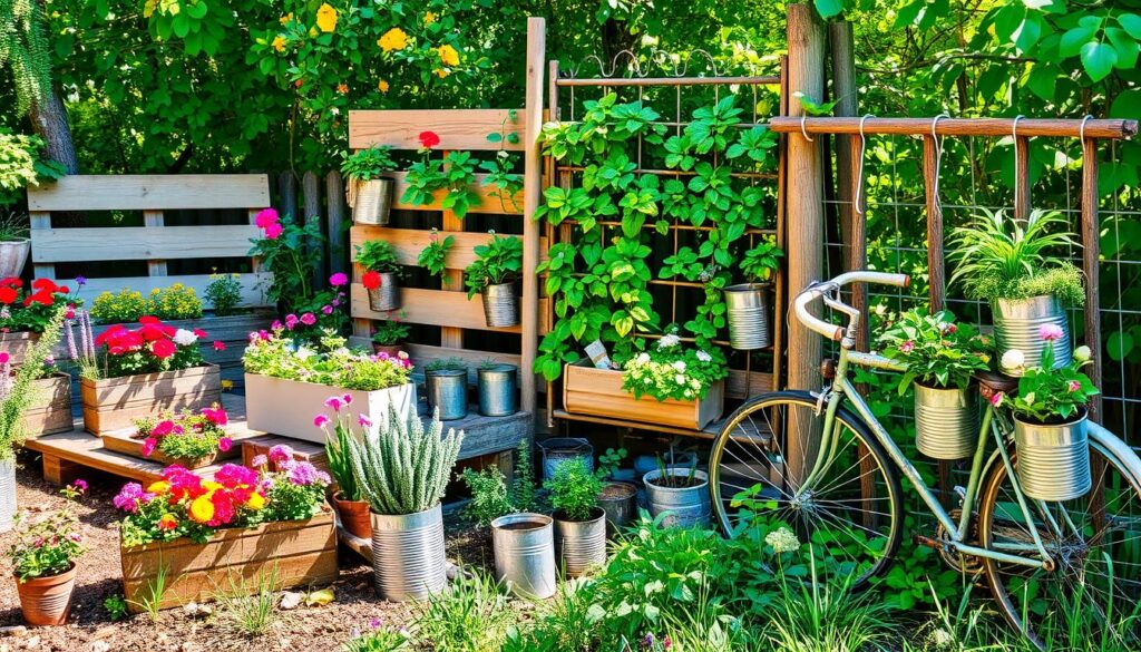 A vibrant garden scene showcasing various upcycled materials creatively repurposed as planters, trellises, and decorative elements. Include colorful flower beds, a wooden pallet vertical garden, tin cans with blooming herbs, and an old bicycle transformed into a whimsical plant holder. Surround the area with lush greenery and sunlight filtering through the leaves, highlighting the beauty of recycling in nature.