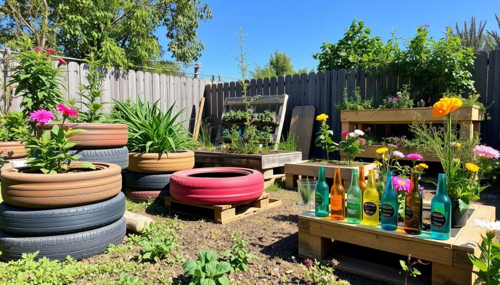 A vibrant garden scene filled with various DIY upcycling projects, showcasing creative planters made from old tires, wooden pallets transformed into raised beds, and glass bottles repurposed as colorful plant markers, all surrounded by lush greenery and blooming flowers under a clear blue sky.