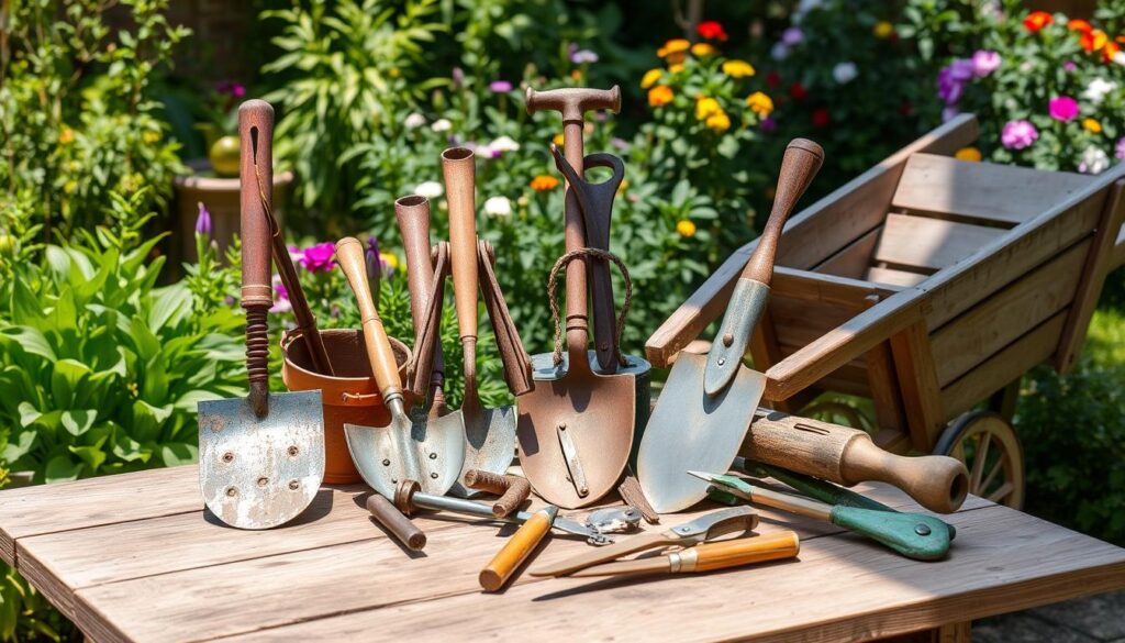 A rustic wooden table covered with an assortment of vintage garden tools, including a weathered trowel, a hand-forged shovel, old pruning shears, and a wooden wheelbarrow, surrounded by lush green plants and colorful flowers in a sunlit garden setting.