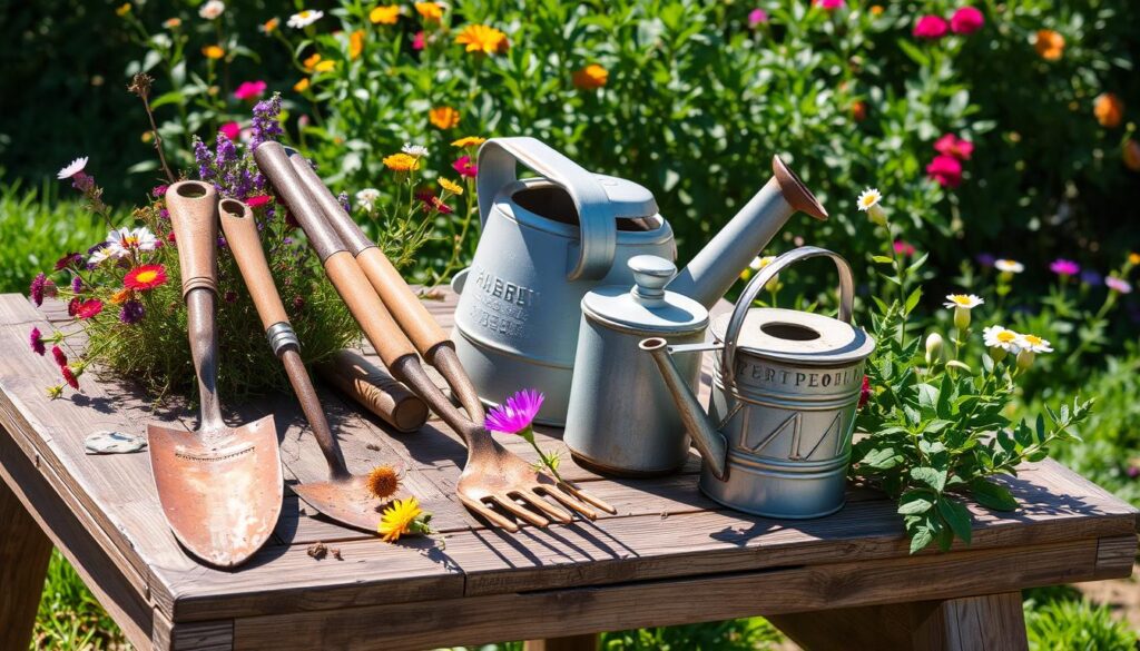 A collection of vintage garden tools arranged artfully on a weathered wooden table, showcasing a rusted trowel, a worn-out hand rake, and an antique watering can, surrounded by vibrant wildflowers and lush green foliage, capturing the essence of nostalgia and craftsmanship in a sunlit garden setting.