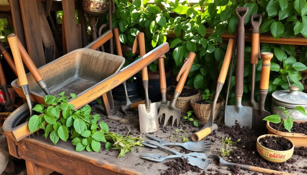 A rustic workshop scene showcasing a variety of vintage garden tools, including a weathered wooden wheelbarrow, old iron hand tools with wooden handles, and a dusty potting bench surrounded by lush greenery. Sunlight filters through the leaves, illuminating the patina and textures of the tools, with scattered soil and plant cuttings on the work surface, evoking a sense of nostalgia and craftsmanship.