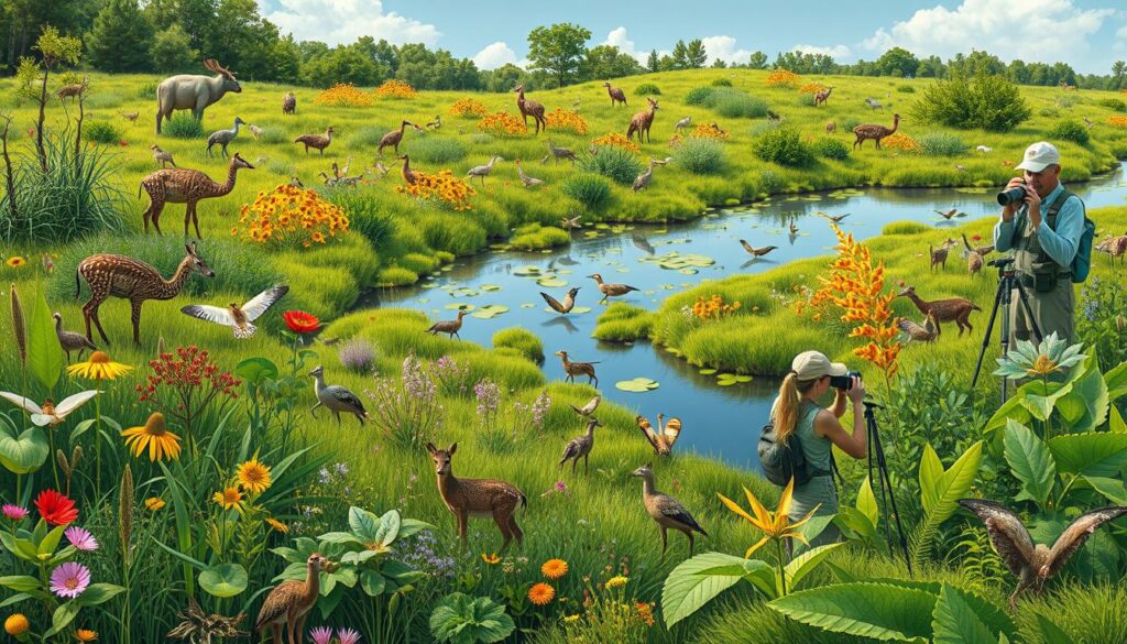 A vibrant ecological scene showcasing a diverse landscape with native plants and animals, juxtaposed with an emerging invasive species. Include detailed imagery of the invasive plant's characteristics, such as unusual colors and shapes, alongside monitoring equipment like data collection devices and field guides. Highlight the contrast between flourishing native wildlife and signs of encroachment, all set against a backdrop of researchers using binoculars and magnifying glasses, maintaining a sense of harmony in the ecosystem.