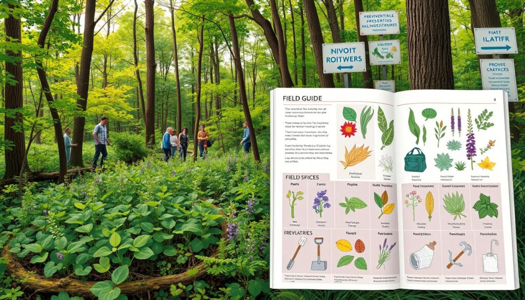 A lush forest scene showcasing diverse native plants and trees, contrasting with invasive species like Japanese knotweed and purple loosestrife being manually removed by a group of volunteers. Nearby, a detailed illustration of a field guide highlighting common invasive species, with icons representing prevention tools like gloves, shovels, and bags. The background features signs promoting awareness and stewardship of local ecosystems.