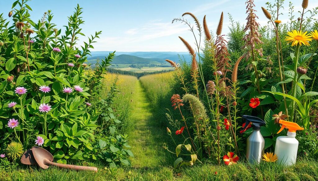 A serene landscape showcasing a diverse ecosystem, highlighting both native and invasive plant species. On one side, lush green native plants with vibrant flowers; on the other, invasive species with distinct characteristics such as bright colors or unusual shapes. Include tools for management like gloves, a shovel, and a spray bottle, subtly integrated into the scene. The background features a clear sky and gentle hills, emphasizing the connection between nature and stewardship.