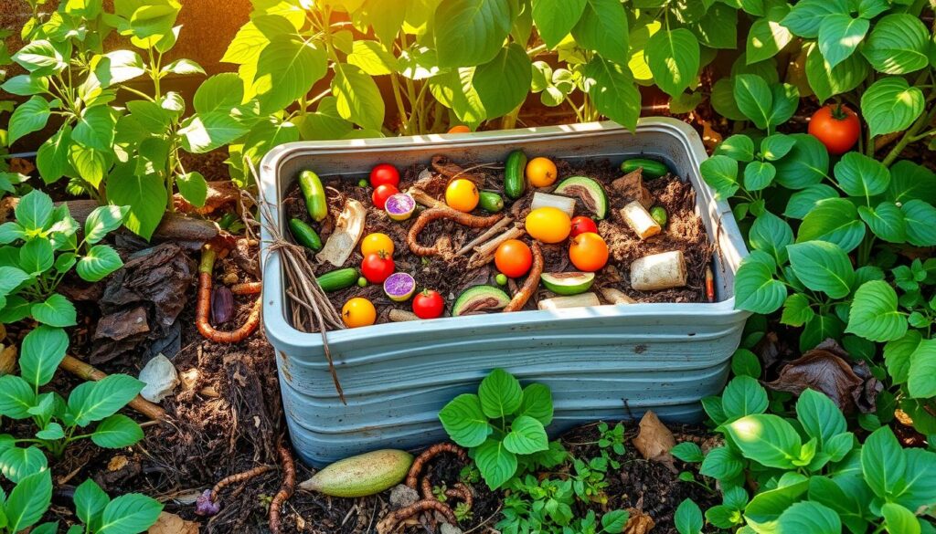 A vibrant home garden scene showcasing a compost bin surrounded by lush plants, colorful fruit and vegetable scraps, earthworms, and a diverse array of organic materials, with sunlight filtering through leaves, emphasizing the natural recycling process in an eco-friendly setting.