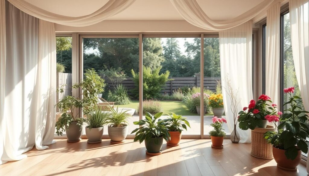 A harmonious blend of an indoor living space and a lush outdoor garden, featuring large glass walls seamlessly connecting the two. Sunlight streams through the open space, casting soft shadows on a wooden floor. Potted plants from the garden spill into the room, while colorful flowers bloom just outside. The scene embodies tranquility and nature, with flowing elements like draped fabrics and natural textures that enhance the seamless transition between indoors and outdoors.