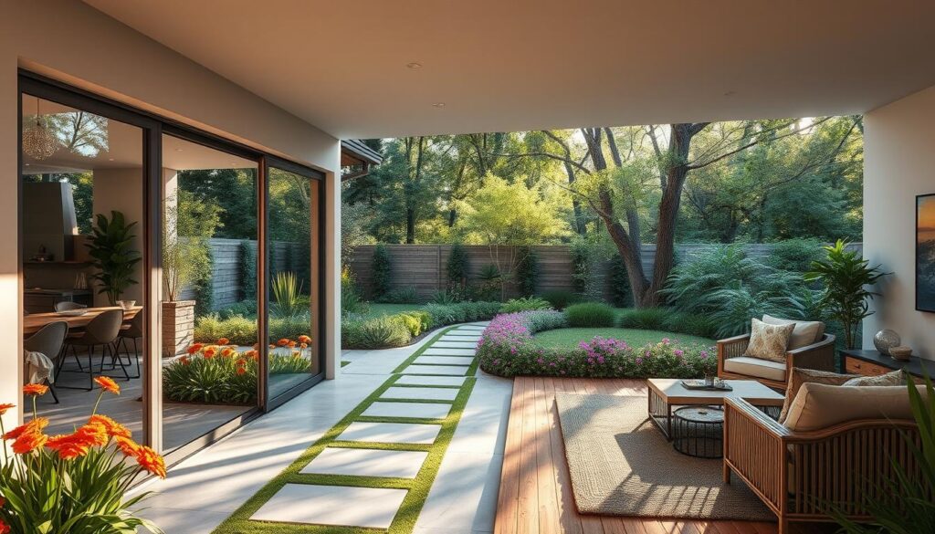 A serene indoor-outdoor living space seamlessly integrated, featuring floor-to-ceiling glass doors that open to a lush garden, vibrant flowers, and smooth stone pathways blending with warm wooden decking, soft ambient lighting illuminating the area, comfortable furniture in natural materials, surrounded by greenery and sunlight filtering through trees.